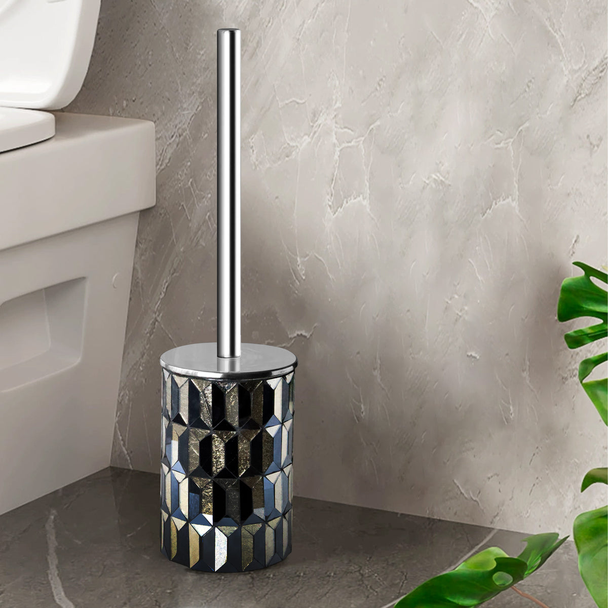 Modern Black & Gold Toilet Brush & Mosaic Holder