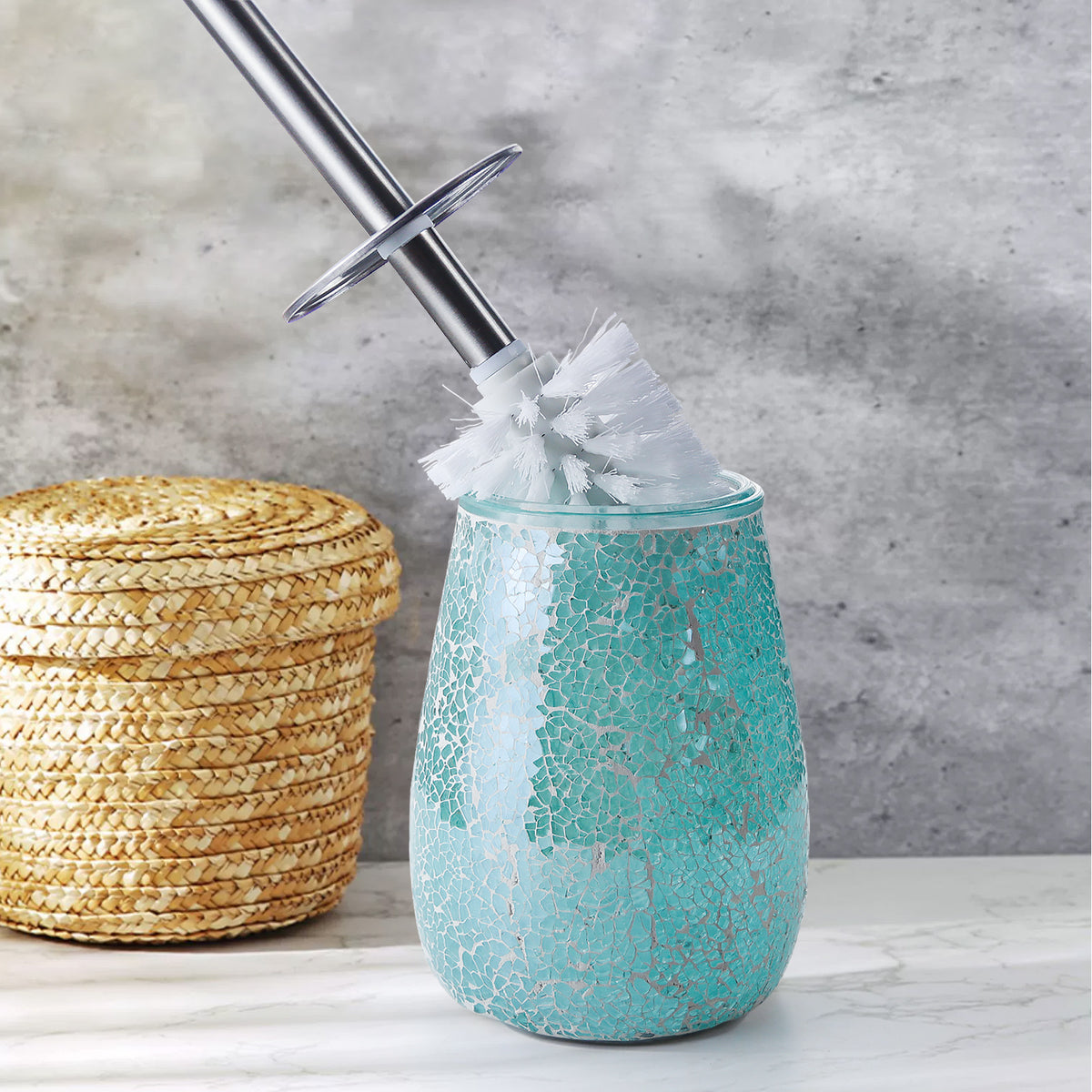 Turquoise Mosaic Glass Toilet Brush & Holder