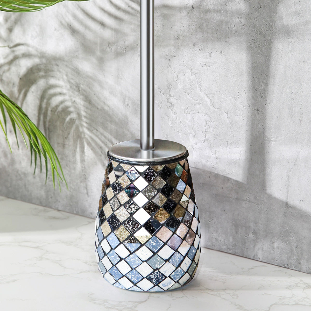 Black & Gold Mosaic Glass Toilet Brush & Holder