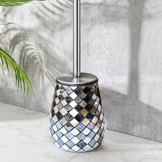 Black & Gold Mosaic Glass Toilet Brush & Holder
