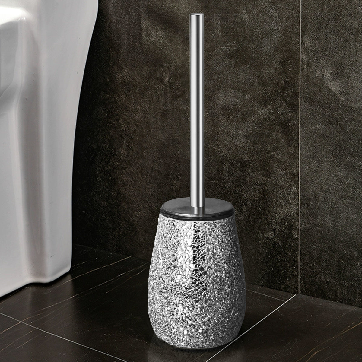 Silver Mosaic Glass Toilet Brush & Holder