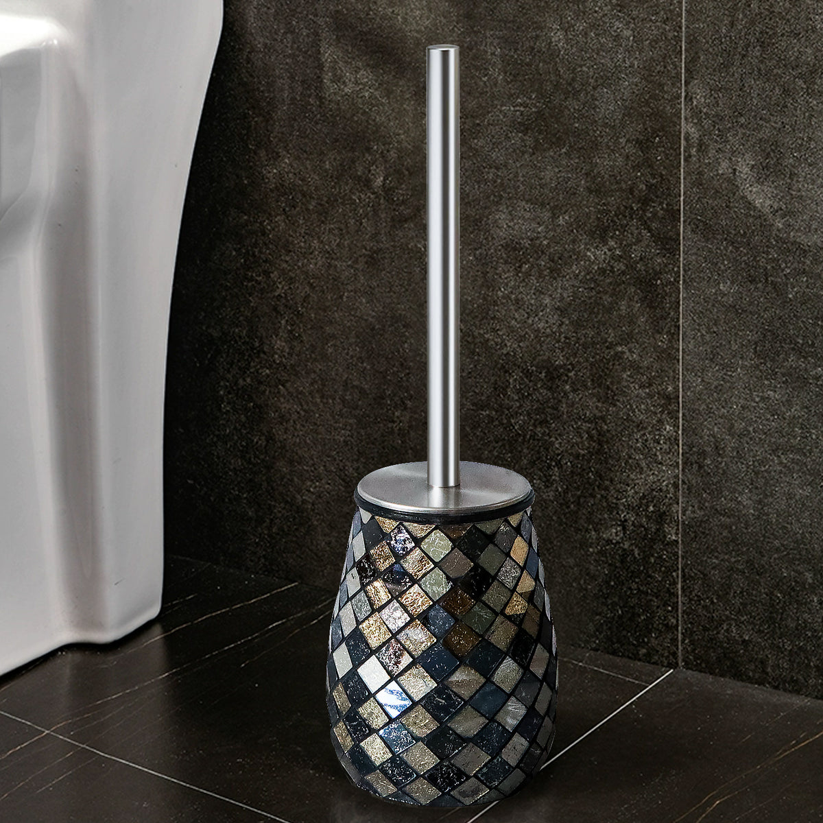 Black & Gold Mosaic Glass Toilet Brush & Holder