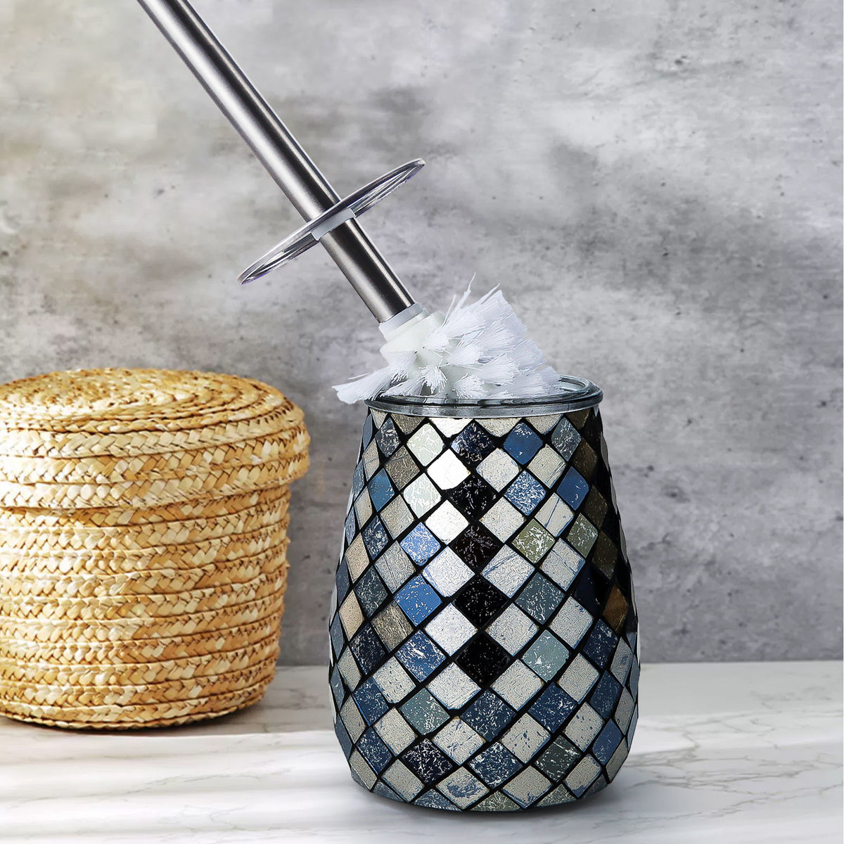 Black & Gold Mosaic Glass Toilet Brush & Holder