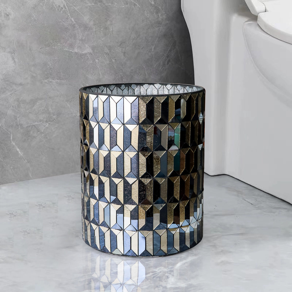 Modern Black & Gold Mosaic Bathroom Trash Can – 6L