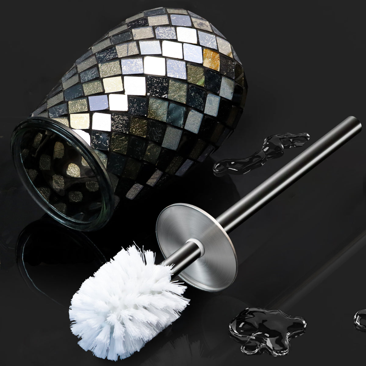 Black & Gold Mosaic Glass Toilet Brush & Holder