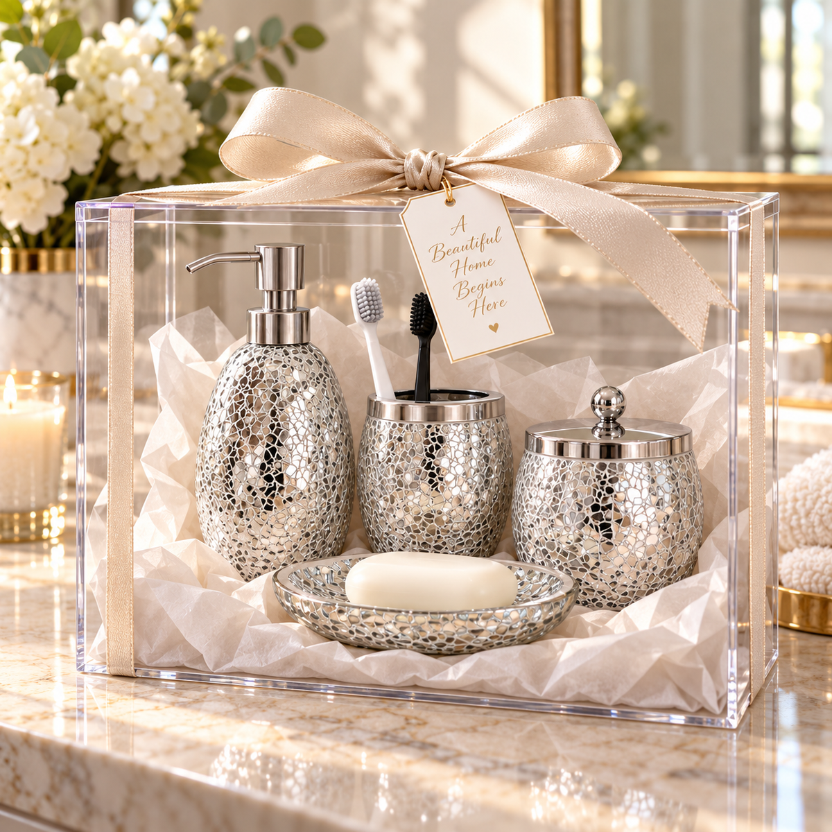 Coordinated bathroom accessories styled in a calm, elegant interior