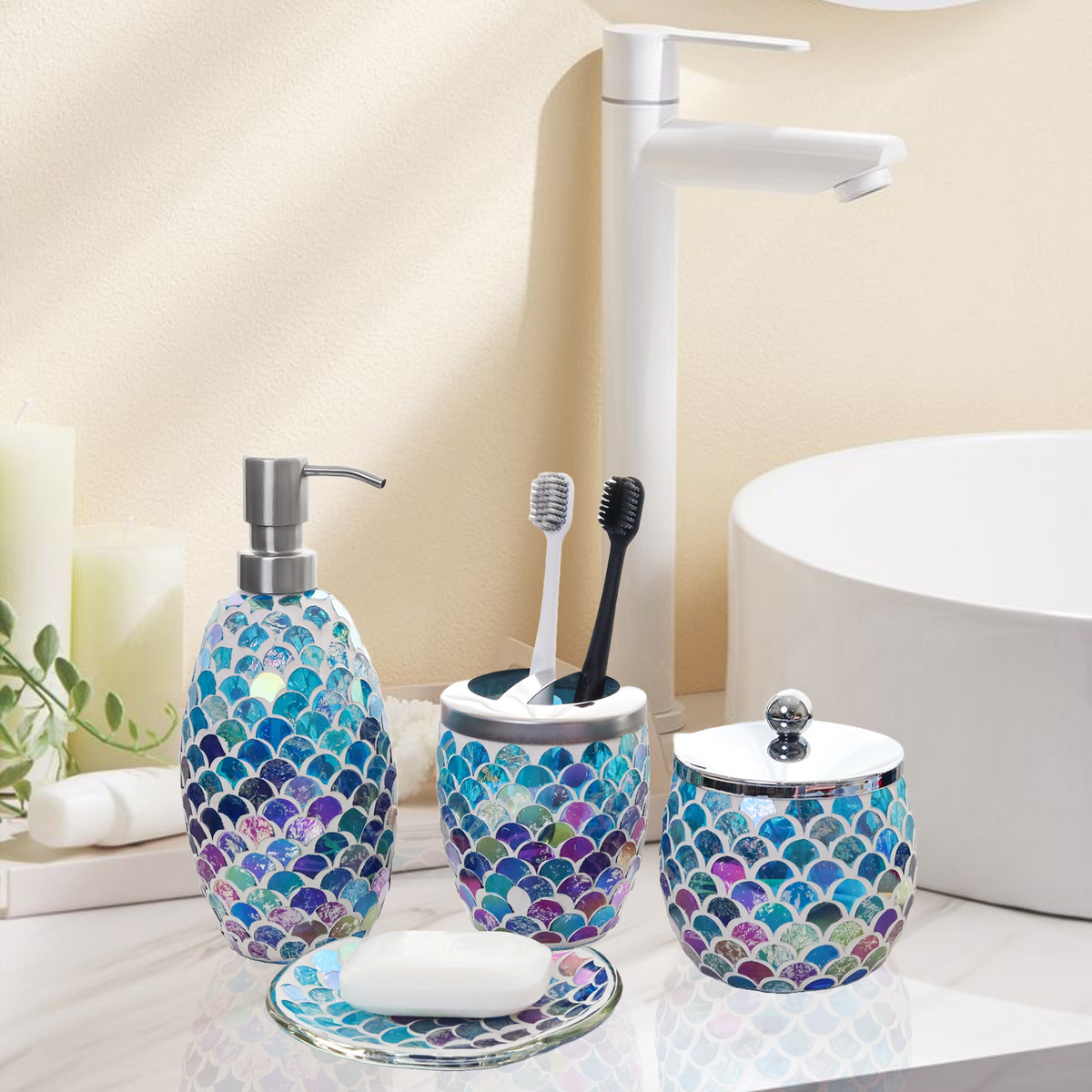 Mermaid Mosaic Bathroom Accessories Set – 4 Piece