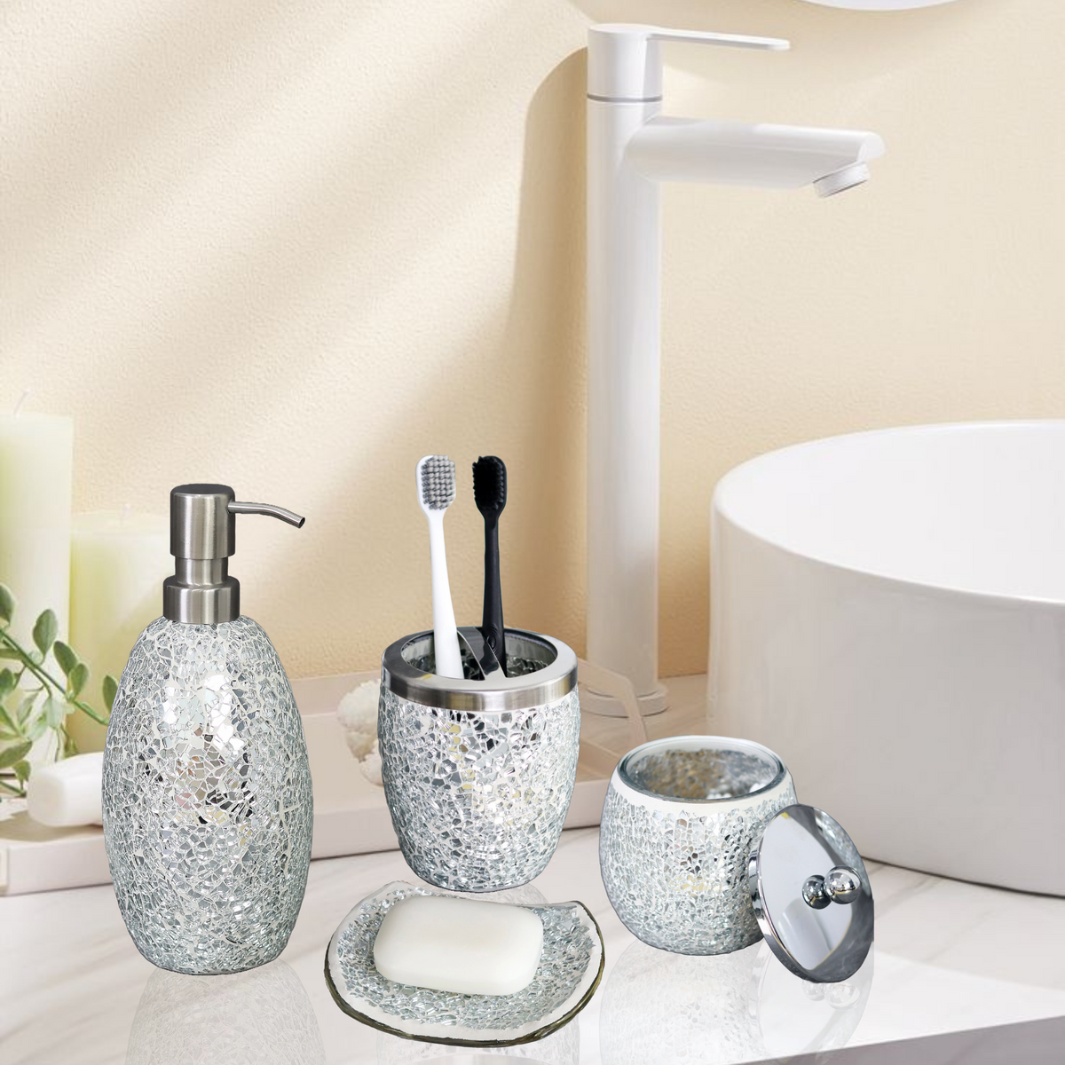 Silver Mosaic Bathroom Accessories Set – 4 Piece