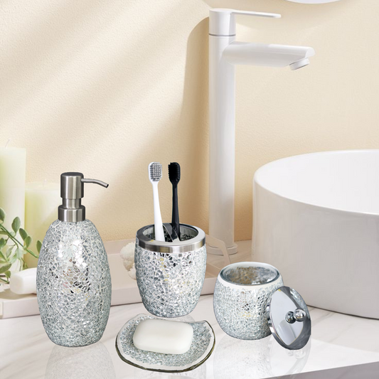 Silver Mosaic Bathroom Accessories Set – 4 Piece
