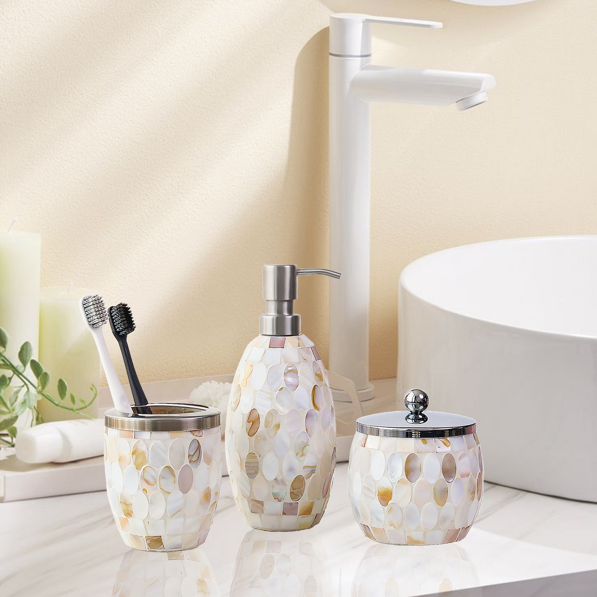 Natural Shell Mosaic Bathroom Accessories Set – 3 Piece