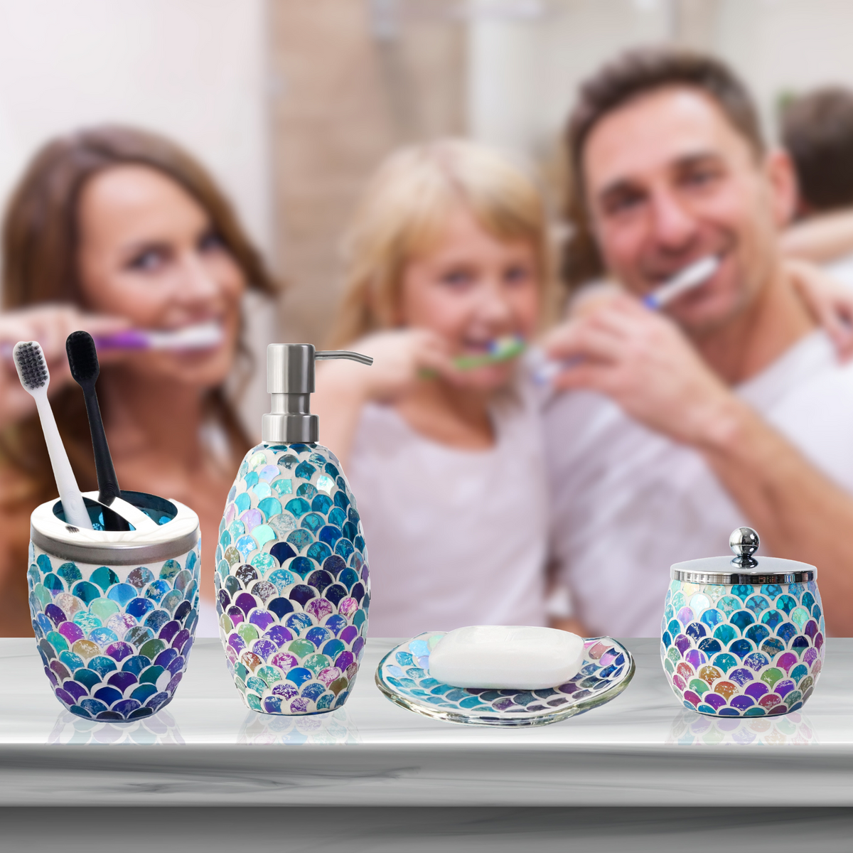 Mermaid Mosaic Bathroom Accessories Set – 4 Piece