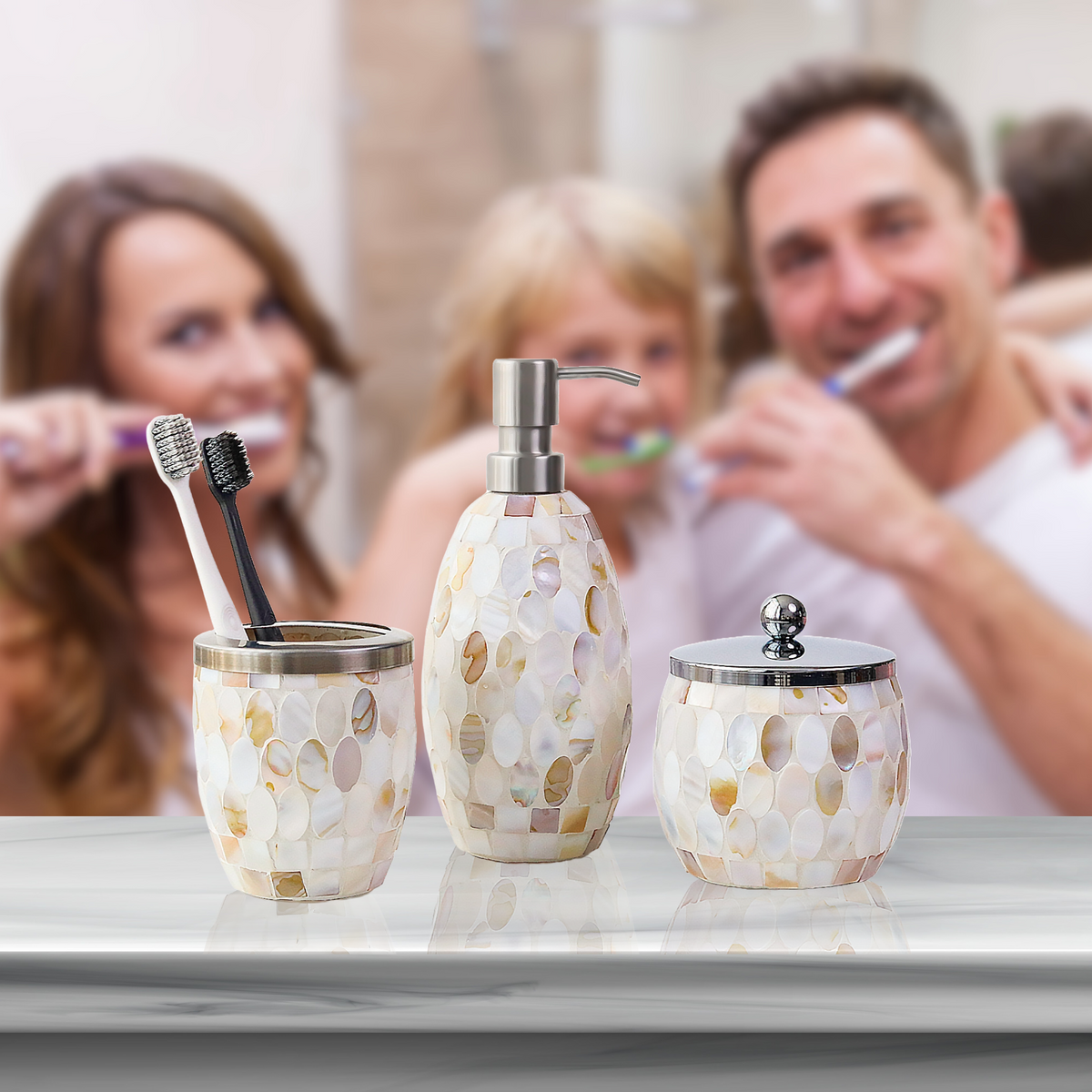 Natural Shell Mosaic Bathroom Accessories Set – 3 Piece