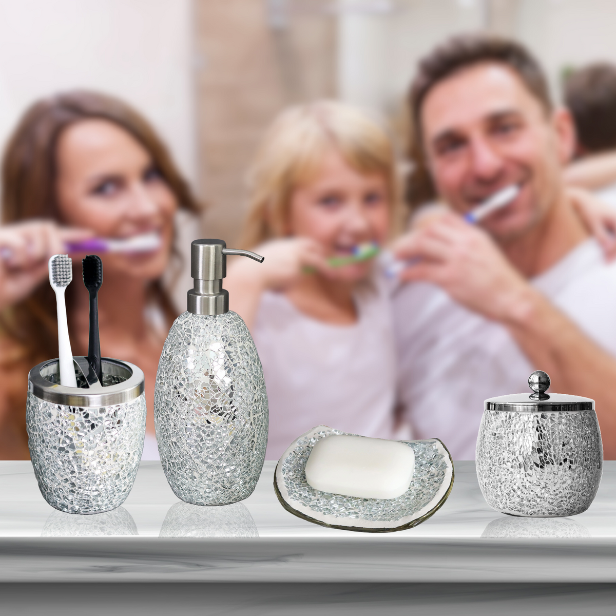 Silver Mosaic Bathroom Accessories Set – 4 Piece