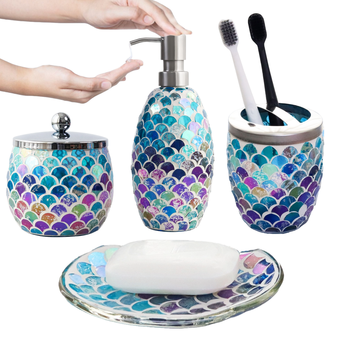 Mermaid Mosaic Bathroom Accessories Set – 4 Piece
