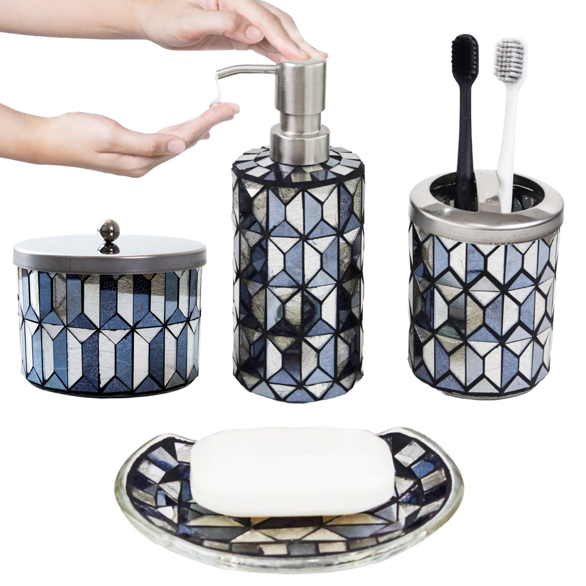 Black & Gold Mosaic Bathroom Accessories Set – 4 Piece