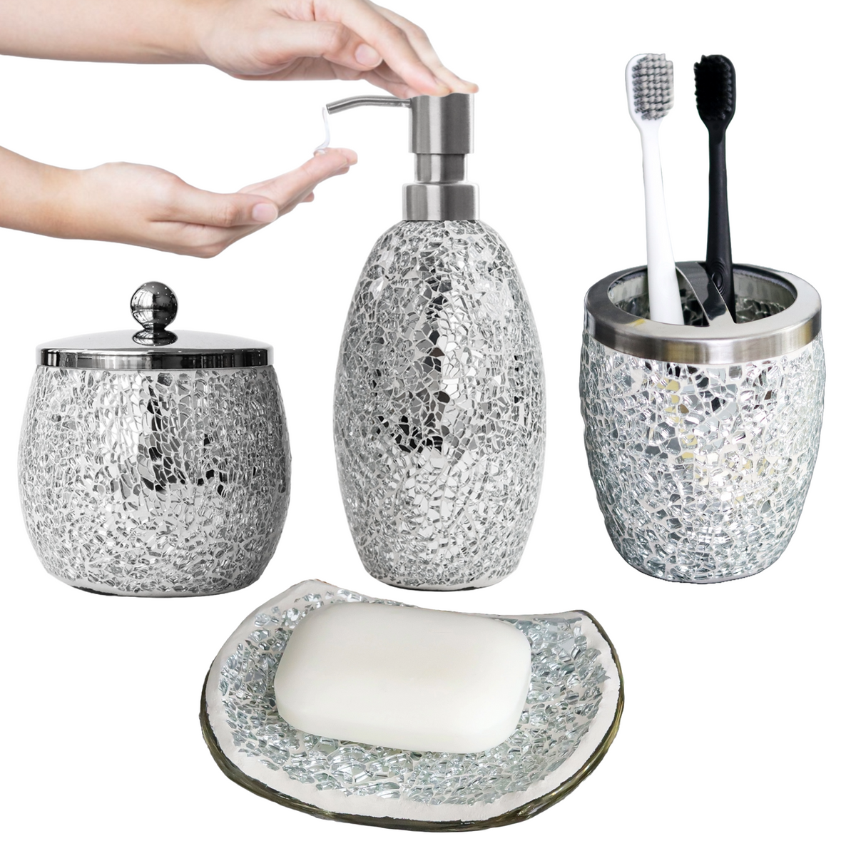 Silver Mosaic Bathroom Accessories Set – 4 Piece