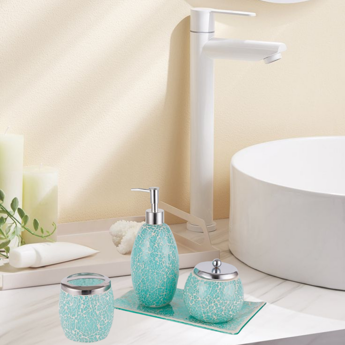 Turquoise Mosaic Bathroom Accessories Set – 4 Piece