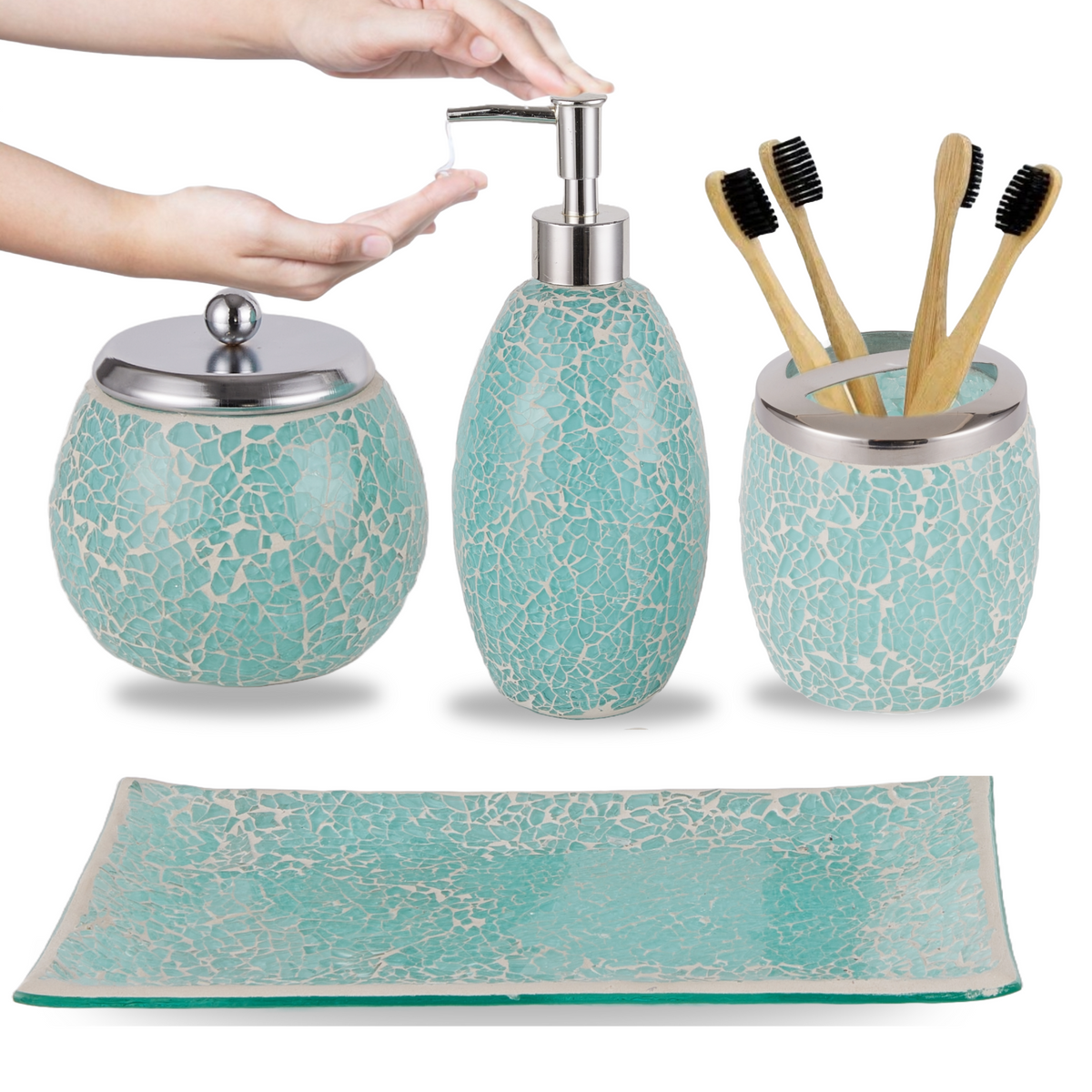 Turquoise Mosaic Bathroom Accessories Set – 4 Piece