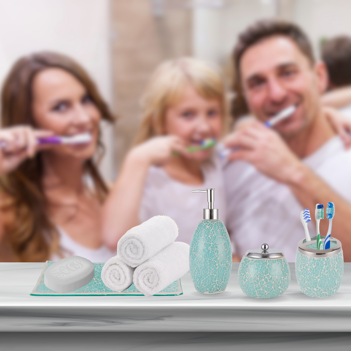 Turquoise Mosaic Bathroom Accessories Set – 4 Piece