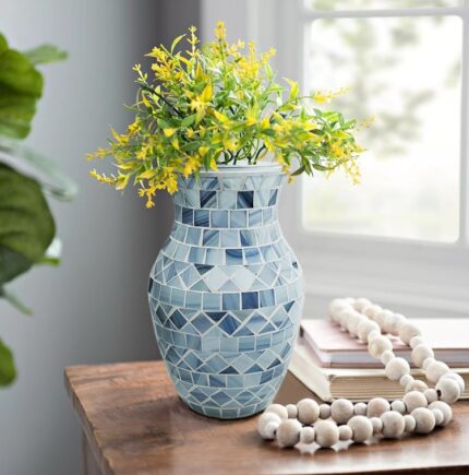Handmade mosaic glass flower vase featuring a striking silver face design, ideal for enhancing home décor, as a centerpiece, or a thoughtful gift