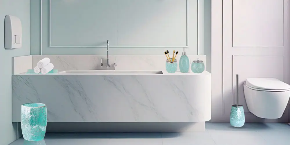 Elegant mosaic glass bathroom accessories set, including a soap dispenser, toothbrush holder, tissue box, and tray, enhancing bathroom decor with a luxurious touch.