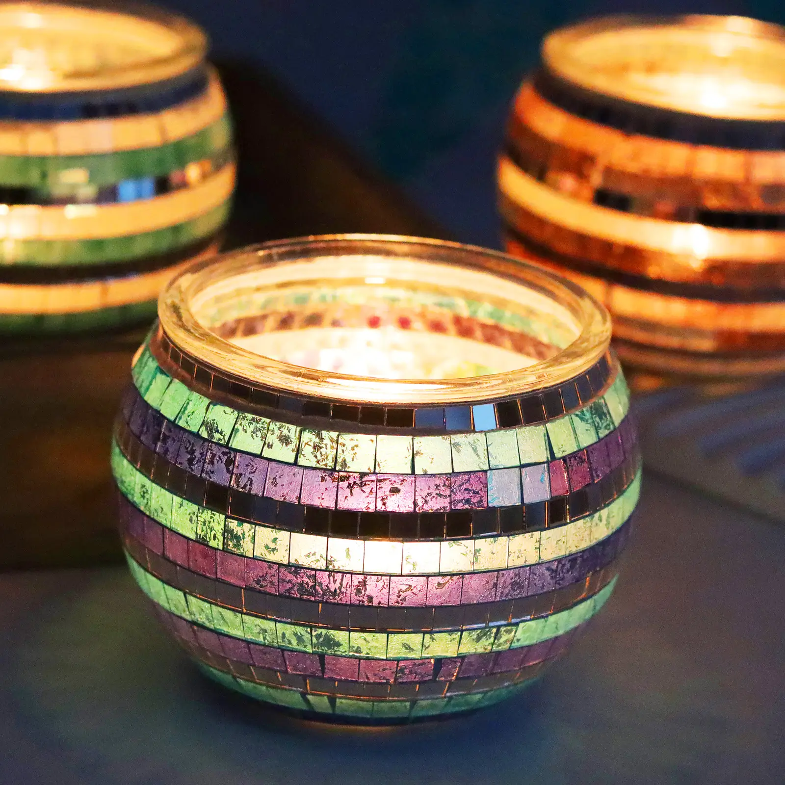 Elegant 3-in-1 mosaic glass holders for candles, flowers, or pens, perfect for enhancing the decor of any room.
