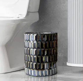 Premium black and gold mosaic glass small garbage can, hand-made with thick glass for versatile use in bathrooms, bedrooms, kitchens, and more.