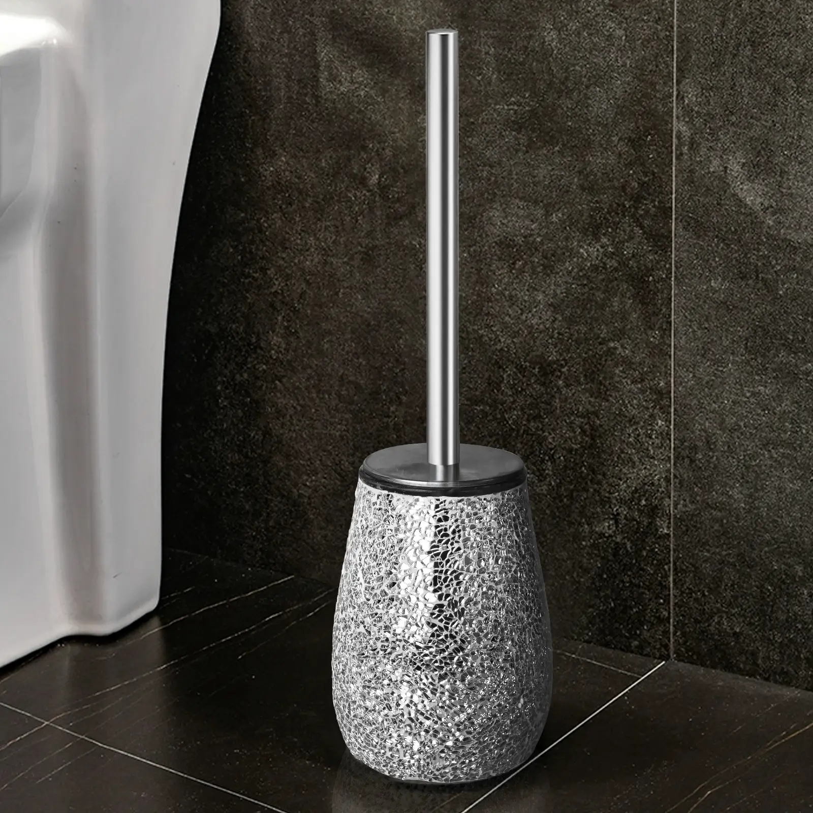 Rust-resistant stainless steel toilet brush with silver mosaic glass holder, designed for efficient cleaning and luxury bathroom decor.