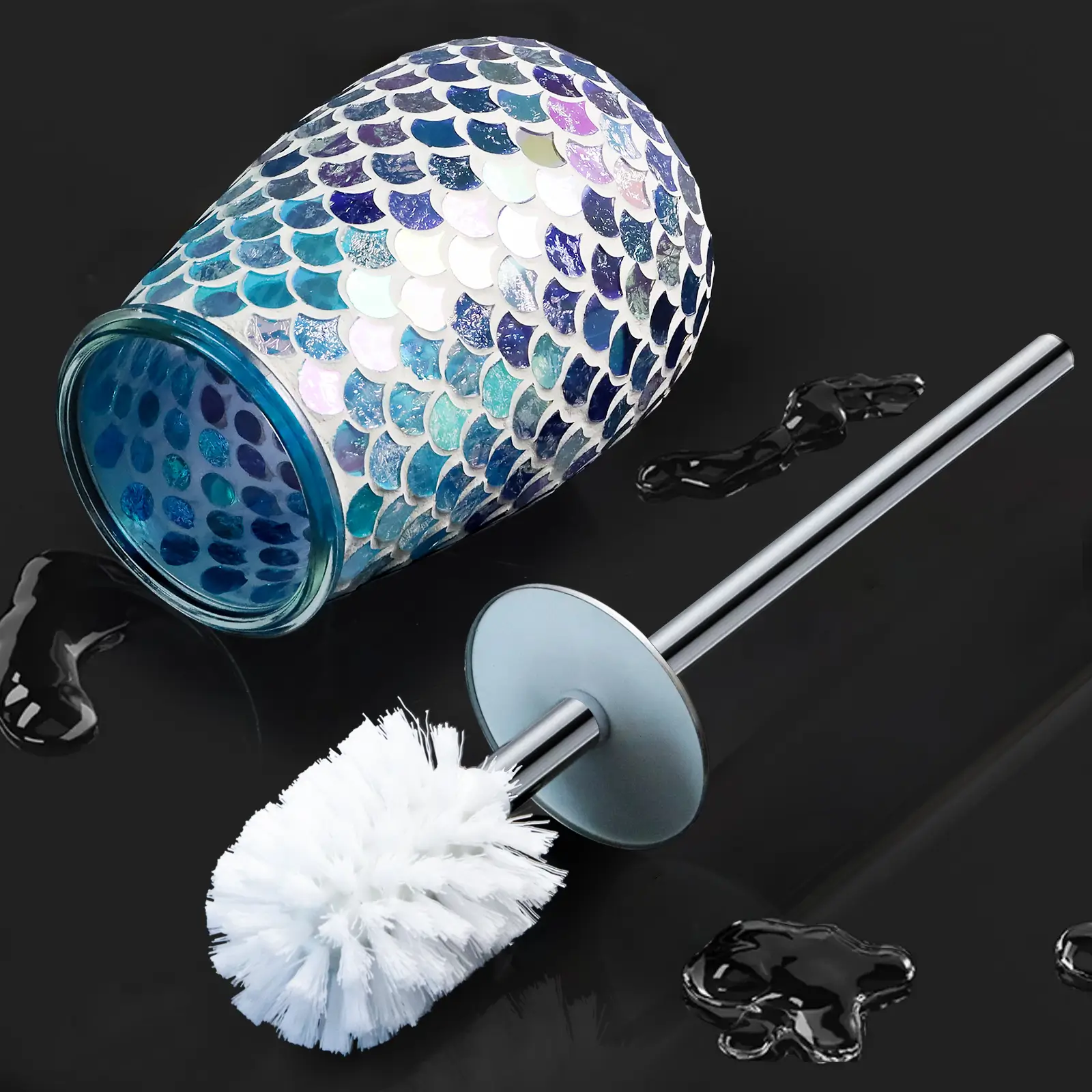 Rust-resistant stainless steel toilet brush with mermaid blue mosaic glass holder, designed for efficient cleaning and luxurious mermaid-themed bathroom decor.